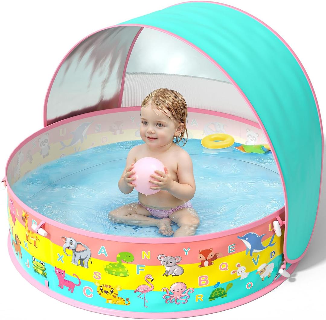 Baby Pool with Canopy, Foldable Kiddie Pool, Pop Up Toddler Pool with Shade-Collapsible Beach Pool for Baby, Portable Summer Water Play for Indoor Outdoor Backyard Beach, Orange-2 