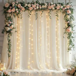10x10ft Ivory Tulle Backdrop Curtains with Lights String for Parties,Wrinkle Free Sheer Curtain with Lights Wedding Photo Backdop Drapes for Baby Shower Birthday Party Photography Home Decorations (2 Panels(5*10FT))