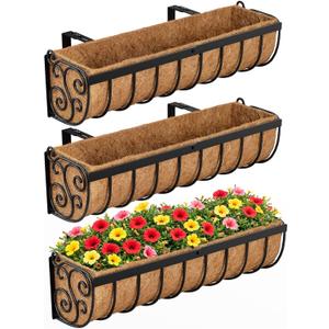 VOXOR Railing Planter Boxes, 24 Inch Window Boxes Planters, Balcony Planters with Adjustable Brackets & Coco Liner & Support Rod for Outdoor Fence, Deck, Porch, and Patio Gardening, 3 Pack