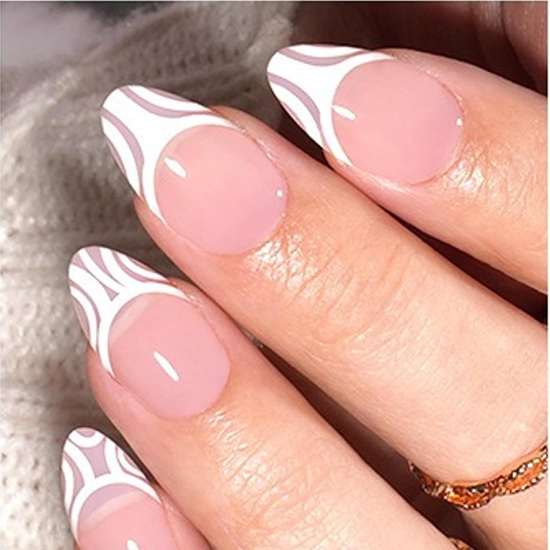 White French Tip Press on Nails Maigitur Medium Almond French Nail Tips Pink Bed 120Pcs Gel Nail Tips Swirl Strip Press on Nails in 15 Sizes Reusable Fake Nails for Women Girls Manicure