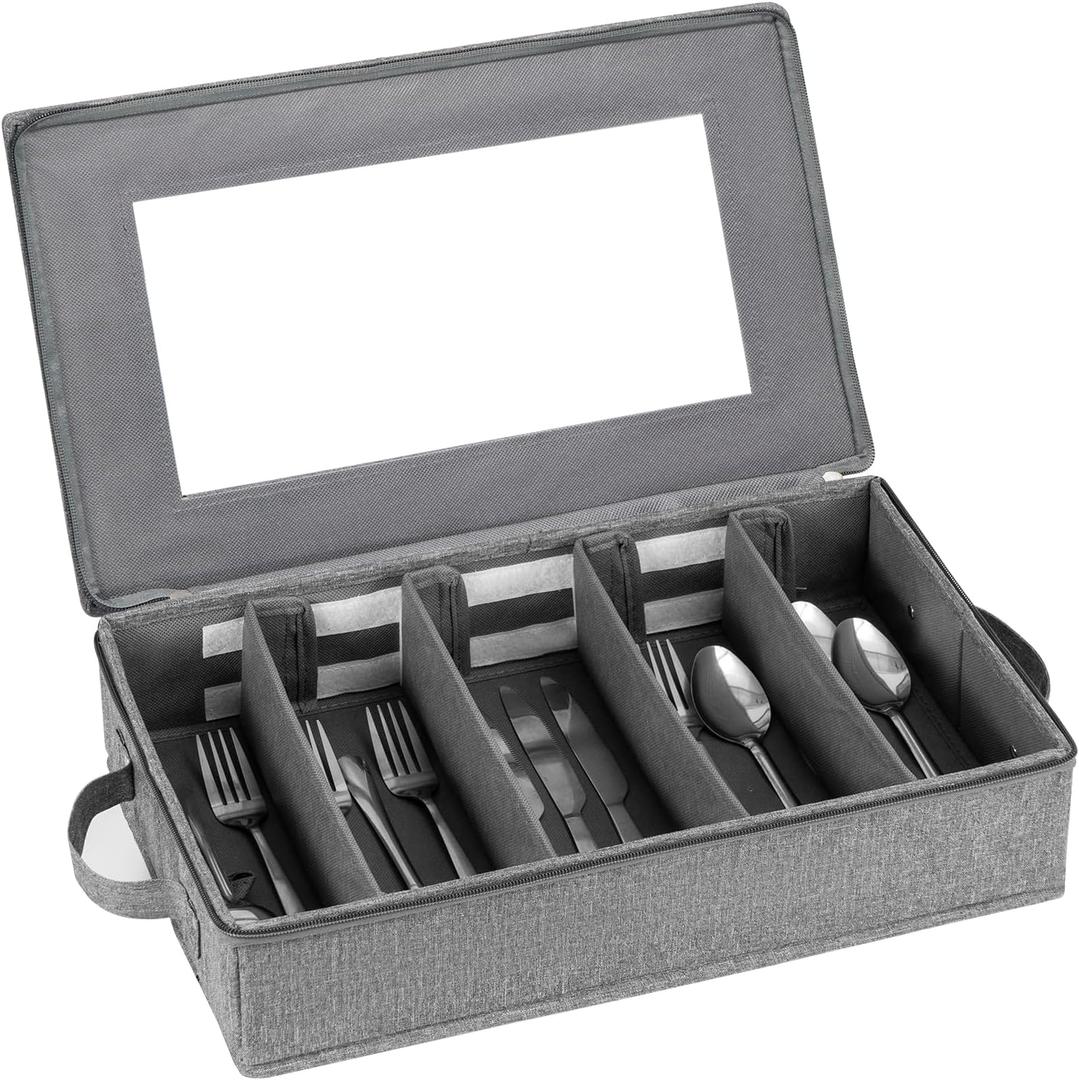 Flatware Utensil Storage Case, Silverware Storage Box Chest with Adjustable Dividers, Cutlery Storage Holder with Zipper Lid for Organizing Cutlery, Flatware, Knives, Large Capacity Gray (1 PACK)