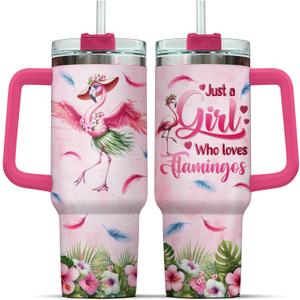 Red Steel Women Adults For Coffee Flower Tumblers Stainless Rose Simple Handle Quartz, Tumbler 40 Oz With Handle Lid And Straw, Funny Flamingo Tropical Floral, Flamingo Gifts