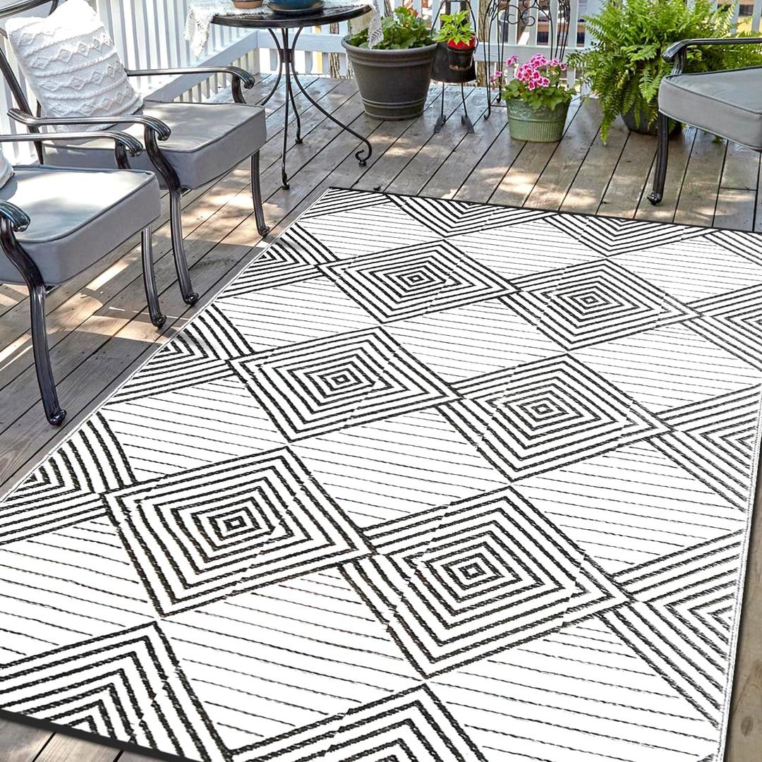 Waterproof Outdoor Rug 9x12ft, Foldable Reversible Plastic Straw Mat for Patio RV Deck Porch Backyard Balcony Camping Picnic Beach Indoor Outdoor Carpet, Black&White