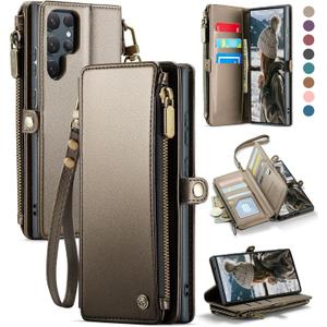Defencase for Galaxy S25 Ultra Case Wallet with RFID Blocking Card Holder for Women Men, PU Leather Magnetic Snap Flip Wrist Strap Zipper Wallet Phone Cases for Samsung Galaxy S25 Ultra 6.9", Titanium