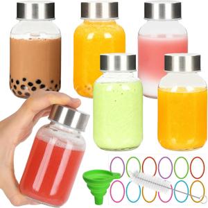 6 Pack Glass Juice Bottles with Lids - 5 oz Clear Water Bottles With Stainless Steel Cap - Liquid Storage Containers for Juicing, Refrigerator - Includes 12 blank labels, 1 Folding Funnel and 1 Brush