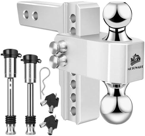 METOWARE Adjustable Trailer Hitch - Aluminum Tow Hitch Fits 2-Inch Receiver - Heavy Duty Drop Hitch with 6-Inch Drop/Rise for Truck (14,000 LBS GTW), Double Stainless Steel Locks & Hitch Pin (Black)