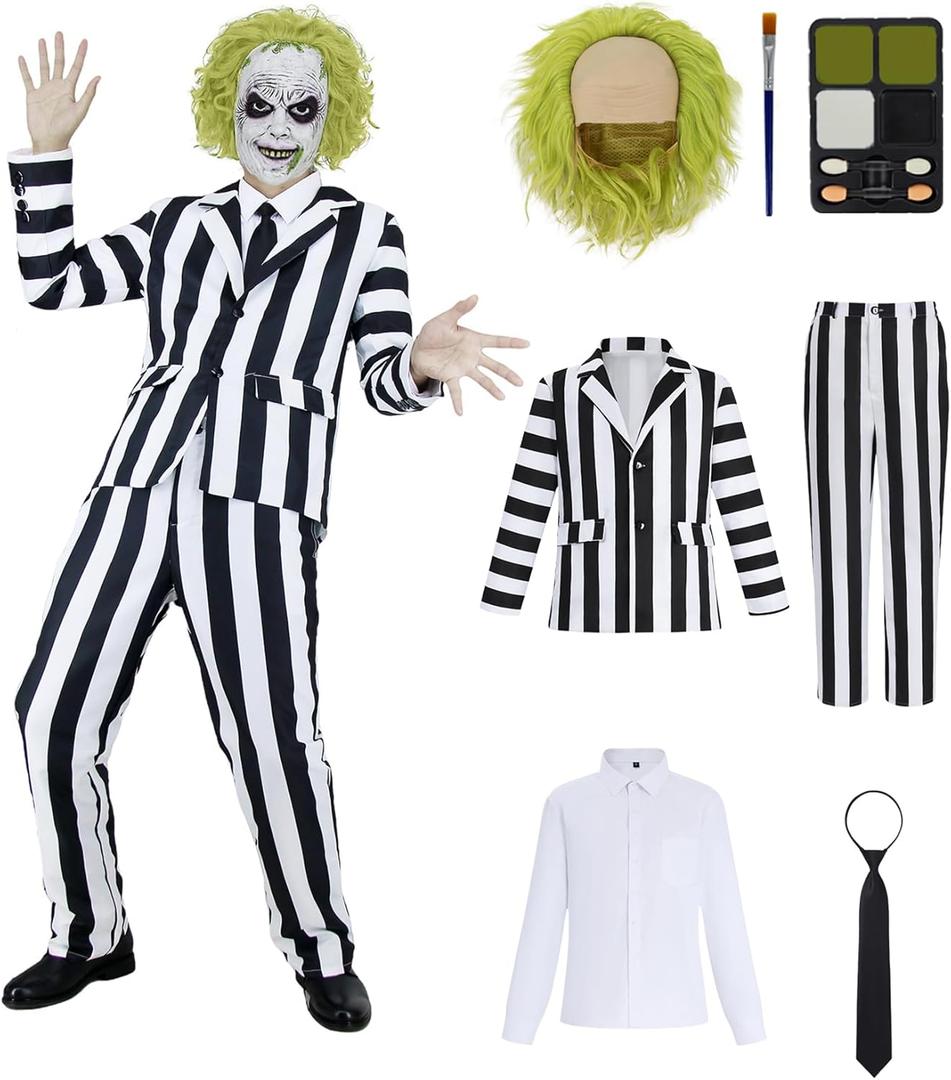 Black and White Striped Suit Men Scary Halloween Costumes Adult Horror Comedy Movie Character Cosplay Outfit Shirt Tie (Large)