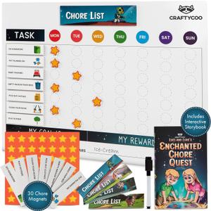 Magnetic Dry Erase Chore Chart for Kids with 34 Chore & Title Magnets, 49 Star Incentive Magnets, Storybook - Reward, Behavior, and Responsibility Chart for Toddler and Kids at Home