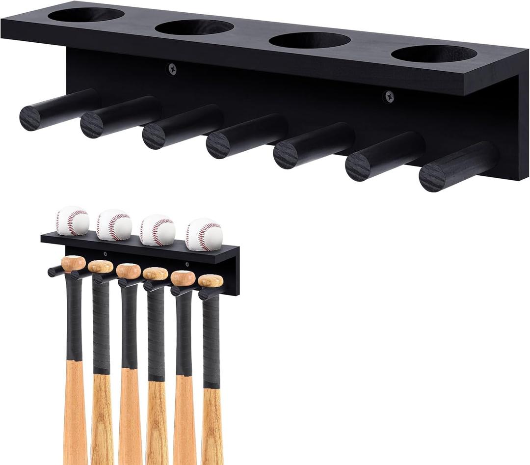 Weysat Baseball Bat and Ball Holder Wall Mounted Display Rack Can hold 4 sets of baseballs and bats, Wooden Storage Rack Stand Hanger Softball Storage Organizer (Black)