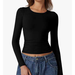 QINSEN Womens Crewneck Long Sleeve Shirt Double Lined Basic Tees Side Ruched Going Out Crop Tops, M