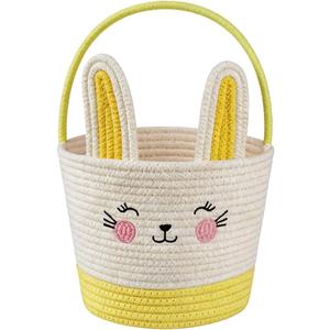 Easter Basket with Handle, Bunny Design for Boys and Girls, Egg Hunt Gift Basket (Yellow white)