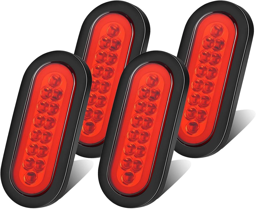 LIGBT 4Pcs 6" inch Red Oval LED Trailer Lights 32 LED Halo Tail Lights Brake Turn Stop Signal Lights w/Rubber Grommet for Truck RV Van Boat Trailer DC 12V 24V