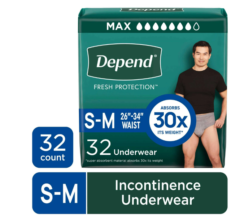Depend Fresh Protection Adult Diapers, Incontinence Underwear for Men, Disposable, Maximum, Small/Medium, Grey, 32 Count