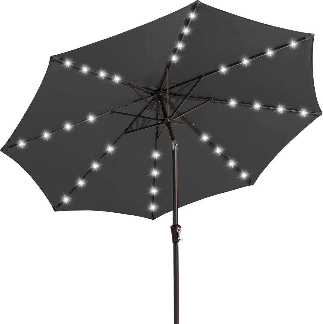 JEAREY 9FT Outdoor Patio Umbrella with Solar Lights, LED Lighted Pool Umbrella with Tilt and Crank, Outdoor Table Umbrellas for Deck, Yard & Market (Dark Gray)