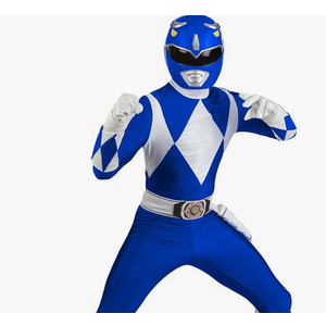 Mens Power Rangers Blue Ranger Costume | Adult Jumpsuit with Helmet, Belt, Wrist Guards, Gloves and Boot Covers, M