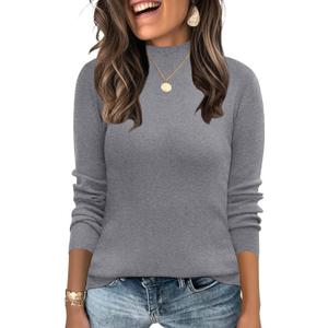 LOMON Mock Neck Tops for Women Long Sleeve Dressy Casual Lightweight Basic Knitted Pullover Sweater S-XL (L)