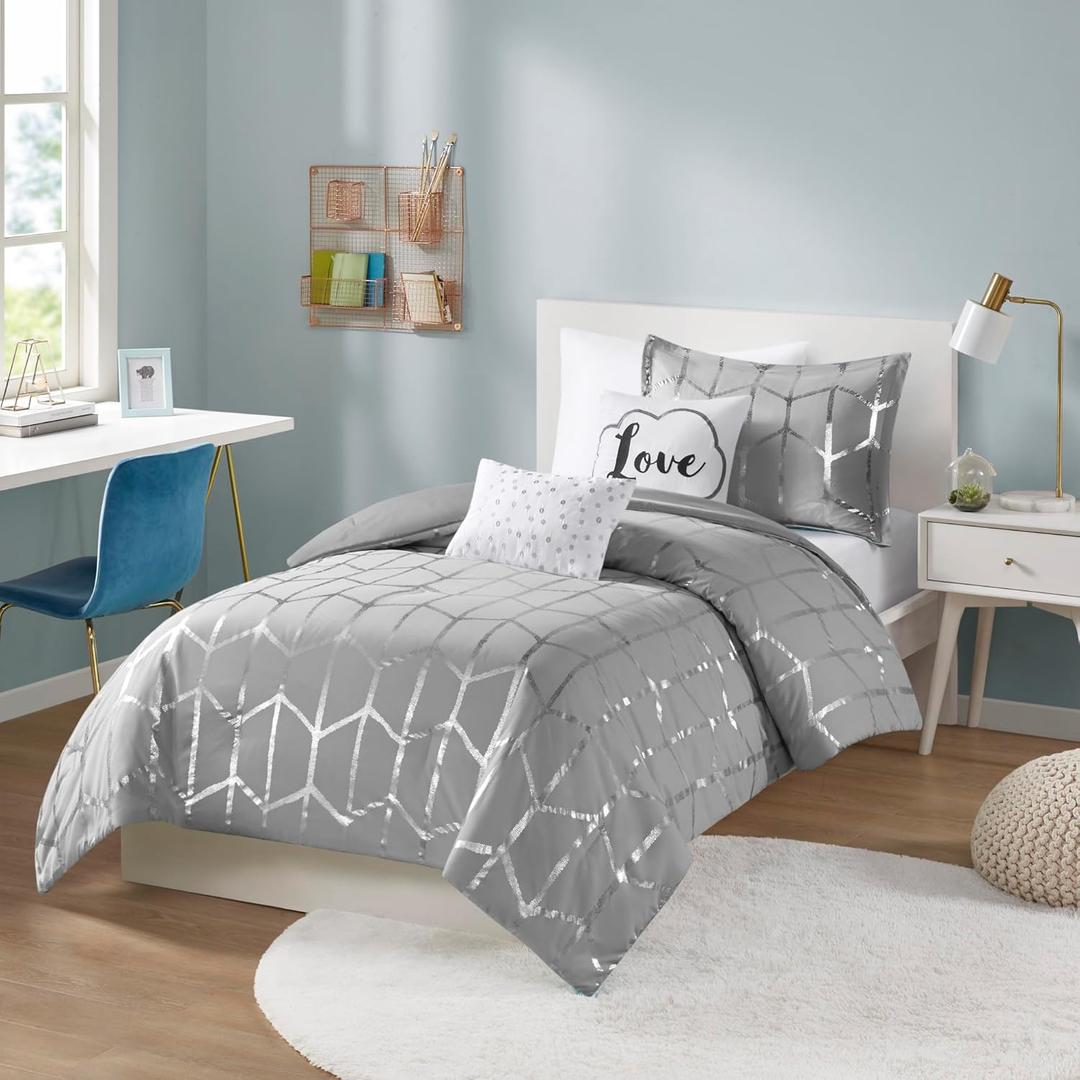 Intelligent Design Raina Duvet Set Metallic Print Geometric Style Embroidered Toss Pillows Modern Trendy All Season Comforter Cover Bedding-Set with Matching Sham, Twin/Twin XL, Grey/Silver 4 Piece