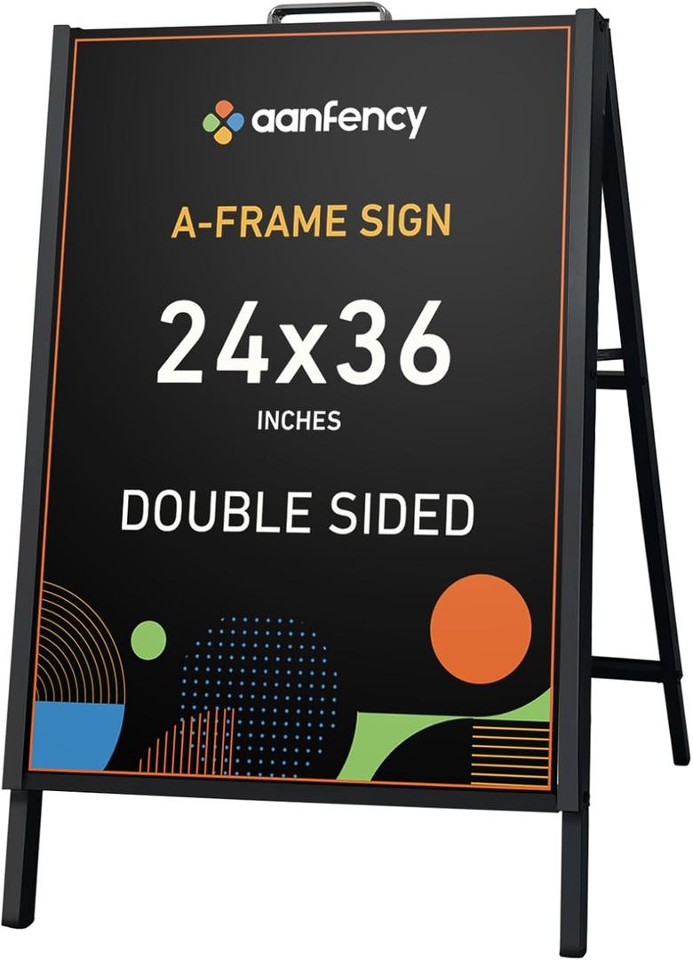 Heavy Duty A Frame Sidewalk Sign 24x36 Inch, Double-Sided Folding Sandwich Board with Push-in Design for Business Outdoor Advertising, All-Metal Weatherproof Display Stand