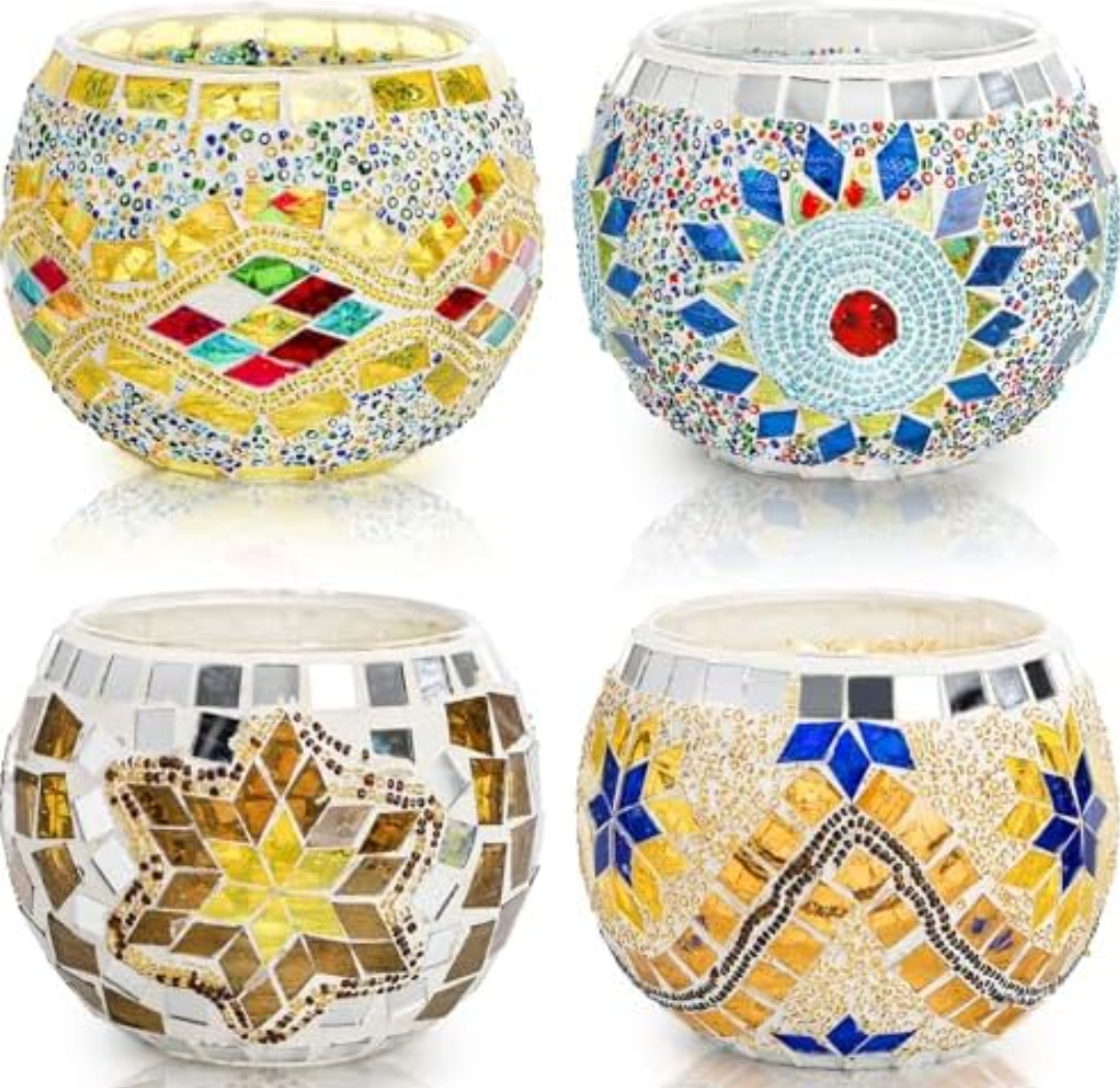 DEAYOU 3 Pack Glass Candle Holders Mosaic, Decorative Glass Tealight Votive Holder Bowl, Scented Candle Stand for Lighting Decor, Gift, Aromatherapy, Also Used as Vase, Pen Holder, Potted Plant Bowl