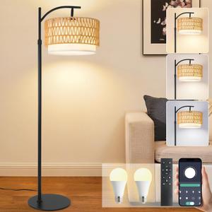 Rustic Black Farmhouse Floor Lamp with Woven Rattan Shade - 12W LED, Remote & Dimmable 3-Color Temp, Tall Standing Lamp for Living Room (Small)