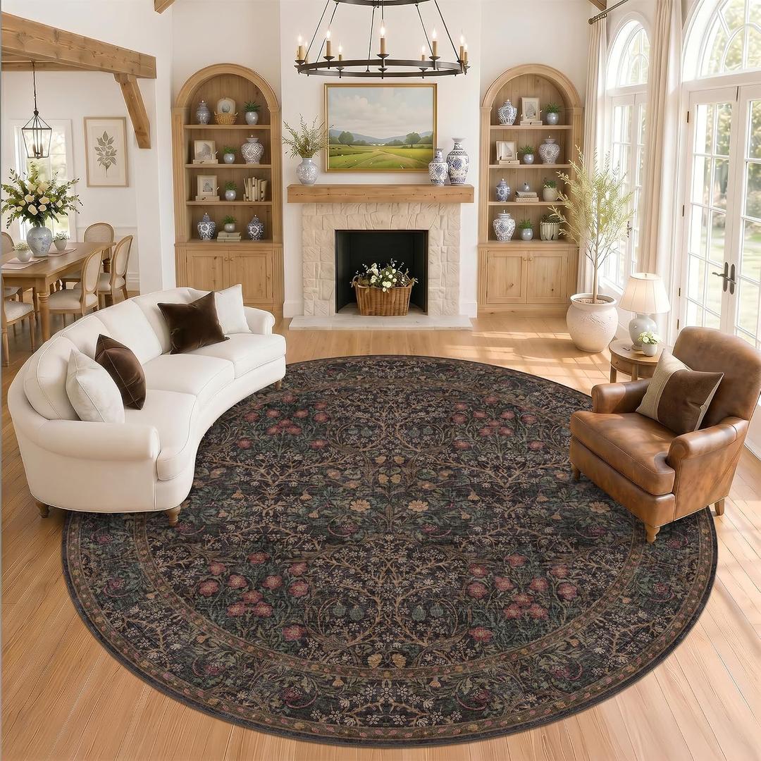 Dark Brown Large 10ft Round Rug for Living Room, Washable Boho Area Rugs for Bedroom, Dining Room Under Table Non Slip, Oriental Circle Floral Carpet Indoor Décor, Low Pile Stain Resistant