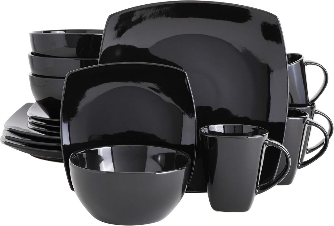 Gibson Elite Soho Lounge Square Reactive Glaze Stoneware Dinnerware Set, Service for 4 (16pc), Black
