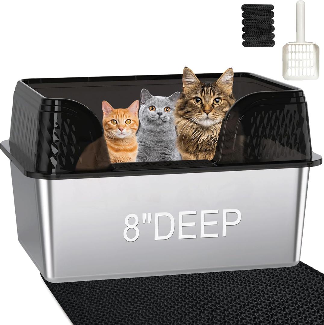 XXL Stainless Steel Litter Box with Lid, Extra Large High Sided Litter Box for Big Cats or Multiple Cats, Anti-Splashing, Easy Clean, No Smell, Transparent Black Enclosure