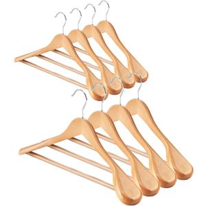 AMKUFO Wide Shoulder Wooden Hangers 8 Pack Coat Hanger with Non Slip Pants Bar, Heavy Duty Suit Hanger Wood Clothes Hangers with Smooth Finish 360 Swivel Hook for Sweater Jackets Shirts Natural