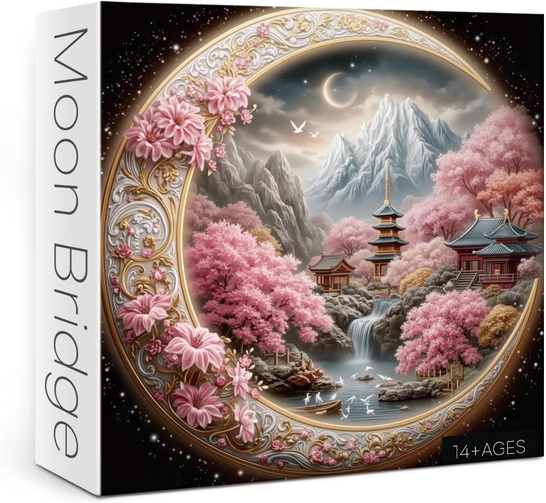 Beautiful Flower Blossom Landscape Puzzles for Adults 1000 Pieces Nature, Pretty Floral Moon Bridge Scenery Art Jigsaw Puzzles, Impossible Hard Difficult Challenging Aesthetic Garden Puzzle