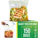 Quart Size Freezer Bags  150 Count, Resealable, Extra Strong 2 Mil Leak Proof Double Zipper Clear Stand Up Food Bags