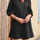 Wenrine Womens 3/4 Sleeve Mini Dress Casual V Neck Collared Textured Loose Fall A Line Argyle Dresses with Pockets (Medium)