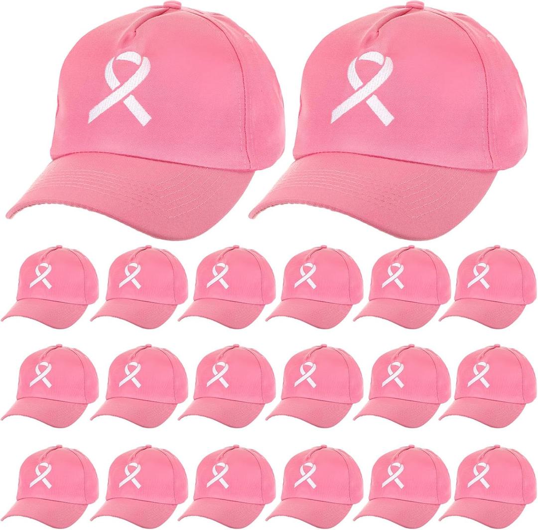 Handepo 20 Pcs Breast Cancer Awareness Baseball Cap with Ribbon Print Adjustable Hat with Hook and Loop for Women Men (as pictures show, Pink)