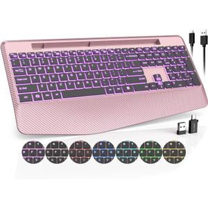 Wireless Keyboard with 7 Colored Backlits Wrist Rest, Phone Holder, Rechargeable Ergonomic Computer Keyboard with Silent Key, Full Size Lighted Keyboard for Windows, Mac, PC, Laptop (Rose gold)