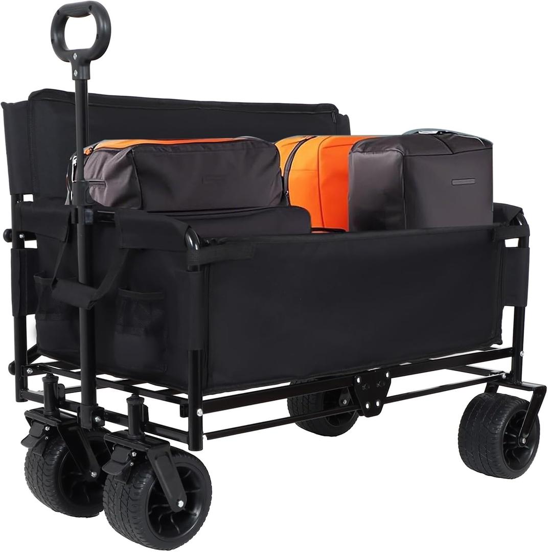 3-in-1 Convertible Folding Wagon Cart with Bench Seat & Storage - 500lbs Heavy-Duty Utility Wagon, 180L Capacity All-Terrain Wheels for Camping, Beach, Sports, Garden (Black)