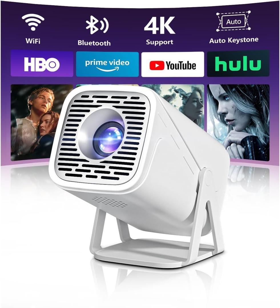 Mini Projector with WiFi and Bluetooth, 4k Support Full Hd 1080P Portable Outdoor Movie Projector with Android System & Built-in Apps, Smart Projector for Bedroom, Phone and Movie Night