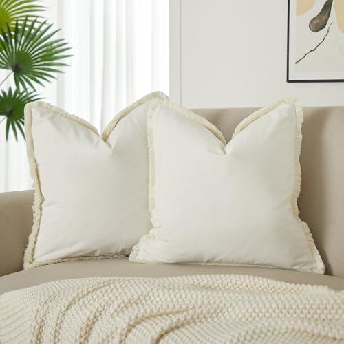 JUSPURBET Champagne Decorative Velvet Fringe Throw Pillow Covers 24x24 Set of 2 Boho Soft Cushion Case for Home Decor Living Room Couch Sofa Bed