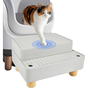 SpaceTime Elevated Cat Litter Trapping Mat for Litter Box,Detachable Cat Step/Ramp/Catcher with Wooden Base,Height-Adjustable Kitty Litter Pad for Floor & Indoor Cats,Non-Slip,Easy to Clean (Grey)