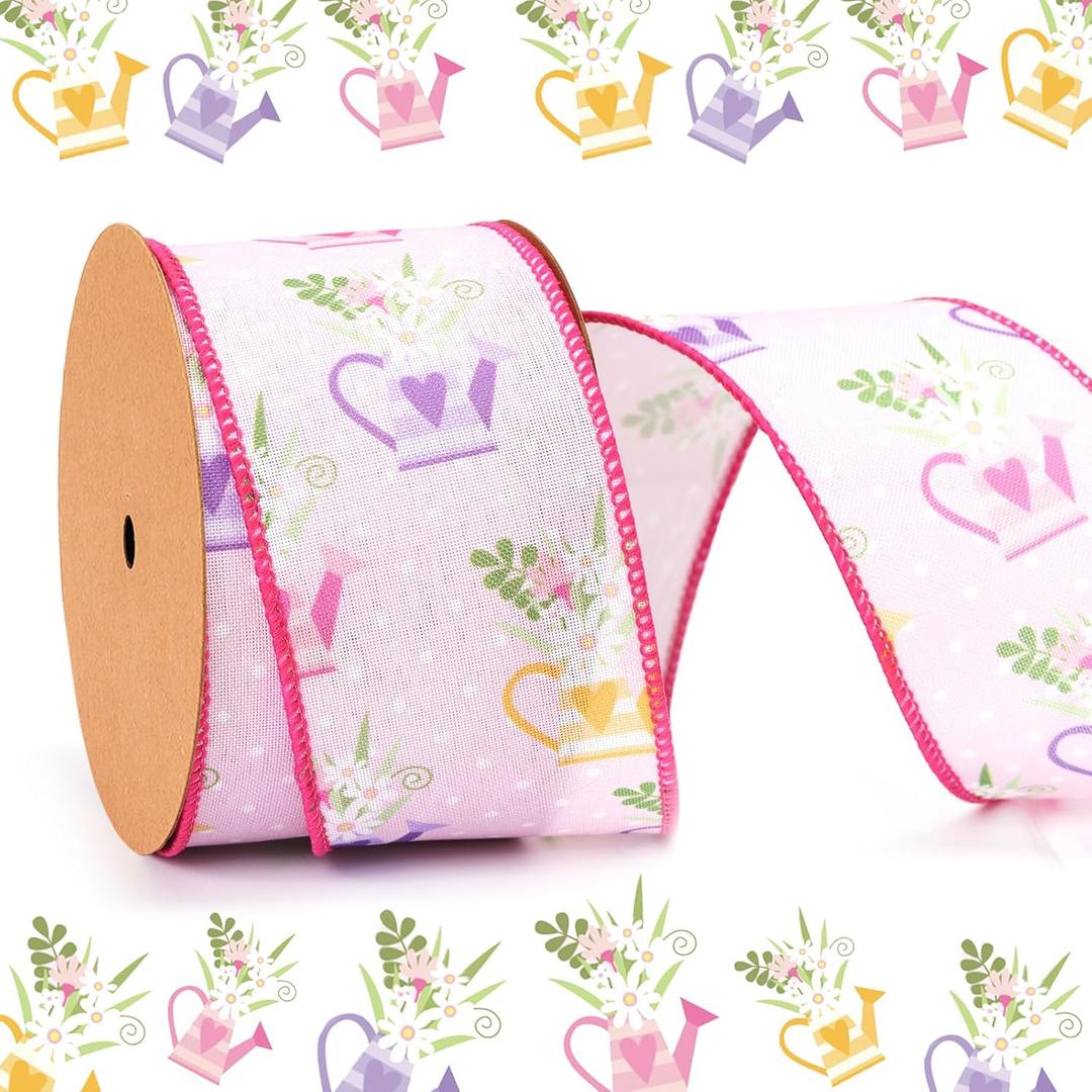 2 x LaRibbons Pink Floral Ribbon 2.5 Inch x 12 Yards, Pink Polka Dot Ribbon with Watering Can Printed for Mothers Day Spring Summer Crafts Wrapping Wreath Bow Garden Patio Decoraction