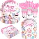 Donut Theme Birthday Party Supplies for Girls 1st 2nd 3rd Birthday Disposable Tableware Set Plates Napkins Cups Cutlery Serves 24 Guests