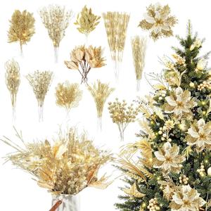 Yerliker 108 Pcs Gold Glitter Christmas Picks and Sprays, 12 Styles Artificial Christmas Floral Berry Branches Flowers Stems for Xmas Tree Ornaments Wreath Garland DIY Vase Holiday Party Decor