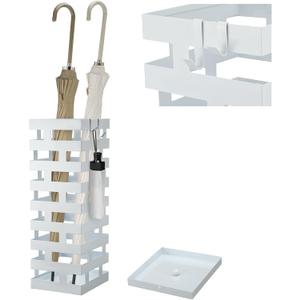 Tudomro Umbrella Stands for Entryway Large Metal Umbrella Holder 6.3 x 5.5 x 16.5 Inches with Removable Water Tray and Hooks Decor Freestanding Rectangular Storage Hollow Rack for Home Office (White)