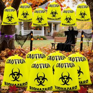 2 x 12 Pcs Large Halloween Leaf Bags Biohazard Halloween Decorations Halloween Trash Bags for Leaves Plastic Yard Lawn Waste Bag Scientist Biohazard Bag Outdoor Biohazard Zombie Party Decorations (Yellow)