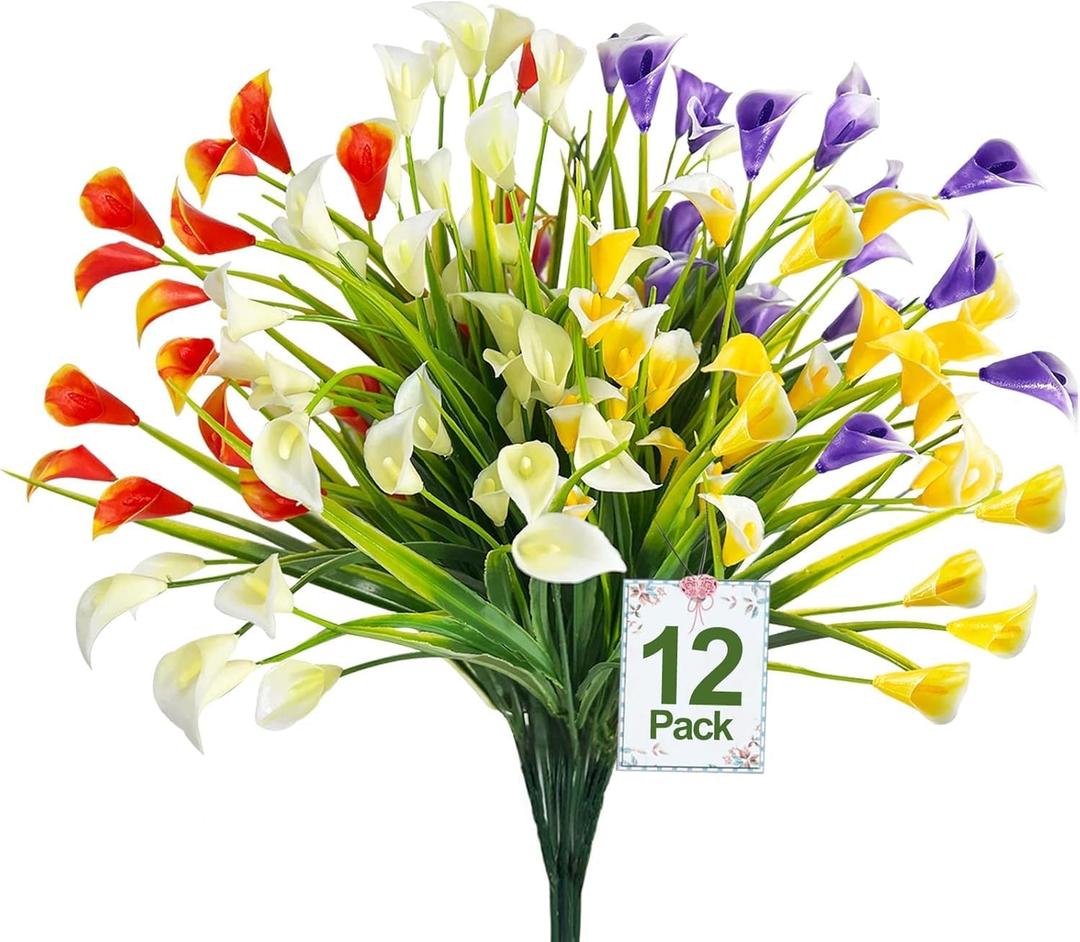 TURNMEON 12 Bundles Calla Lily (300 Heads) Artificial Flowers for Outdoors, Fake Plants UV Resistant Faux Plastic Fake Flowers for Indoor Home Porch Yards Spring Summer Cemetery Decor(Color Mix) (12P)