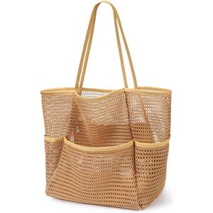 KPX Beach Bag with Mini Pocket, Summer Beach Tote Bags for Women Large Foldable Mesh Swimming Pool Travel Bags - Sandproof (Khaki)