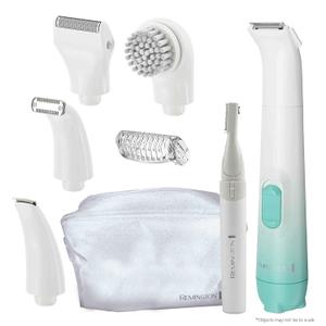 Remington Smooth & Silky Body & Bikini Kit, Cordless bikini trimmer and shaver for women, Waterproof for grooming in the shower, White/Green (8 Piece Set)