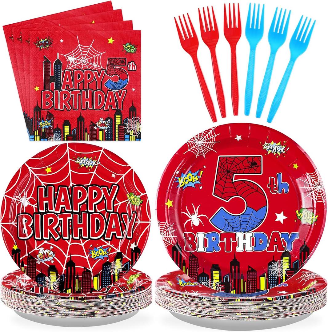 Grencian 96Pcs Cartoon Spider Birthday Party Decorations Red Blue Spider 5th Birthday Party Plates Disposable Super Theme Paper Tableware Set for Spider Kids 5 Year Old Supplies, Serves 24