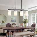 Mecgirn Farmhouse Dining Room Light Fixtures Over Table, Black Pendant Lights for Kitchen Island with Milk Glass Shade, 4 Light Linear Chandelier Lighting with Wood