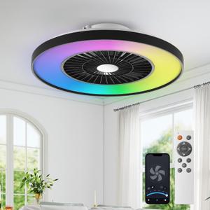 RGB Ceiling Fan with Light, 23.7" Low Profile Ceiling Fan with Light, 6 Wind Speeds and Smart 3 Light Color Flush Mount Fan for Bedroom, Kids Room and Living Room