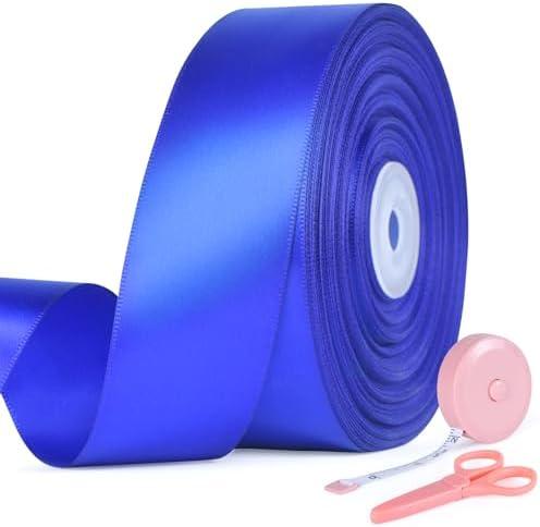 1 1/2 Inch x 50 Yards Satin Ribbon - Wide Solid Fabric Ribbon for Gift Wrapping, Wedding, Party Decorations, Hair Bows, Chair Sash, Crafts - Includes  Tape Measure and 1 Scissors (Royal Blue) Set of 2