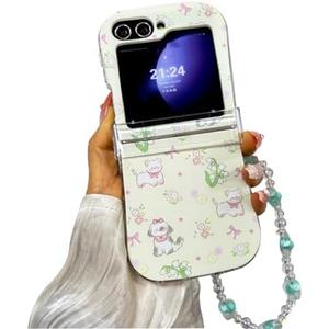 GO-VOLMON Woman Strap Case for Samsung Galaxy Z Flip 5/6 Kawaii Animal Pink Flowers, Cute Girly Soft Protective Cover Floral Wristband Slim Waist Design Hinge Protector, Green